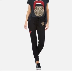 Lauren Moshi Jess Leopard Star Heart Bone Peace Sign Black Sweatpants Joggers S